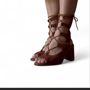 Freebird Brown Lace-Up Block Heels